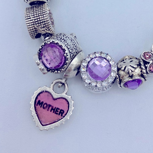 Silver Toned Textured Add-a-Bead Pink Rhinestone, Dangling Mother Bead Bracelet - Picture 4 of 6